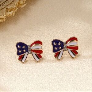 American Flag Bow Stud Earrings Patriotic Red White Blue USA Jewelry NWT